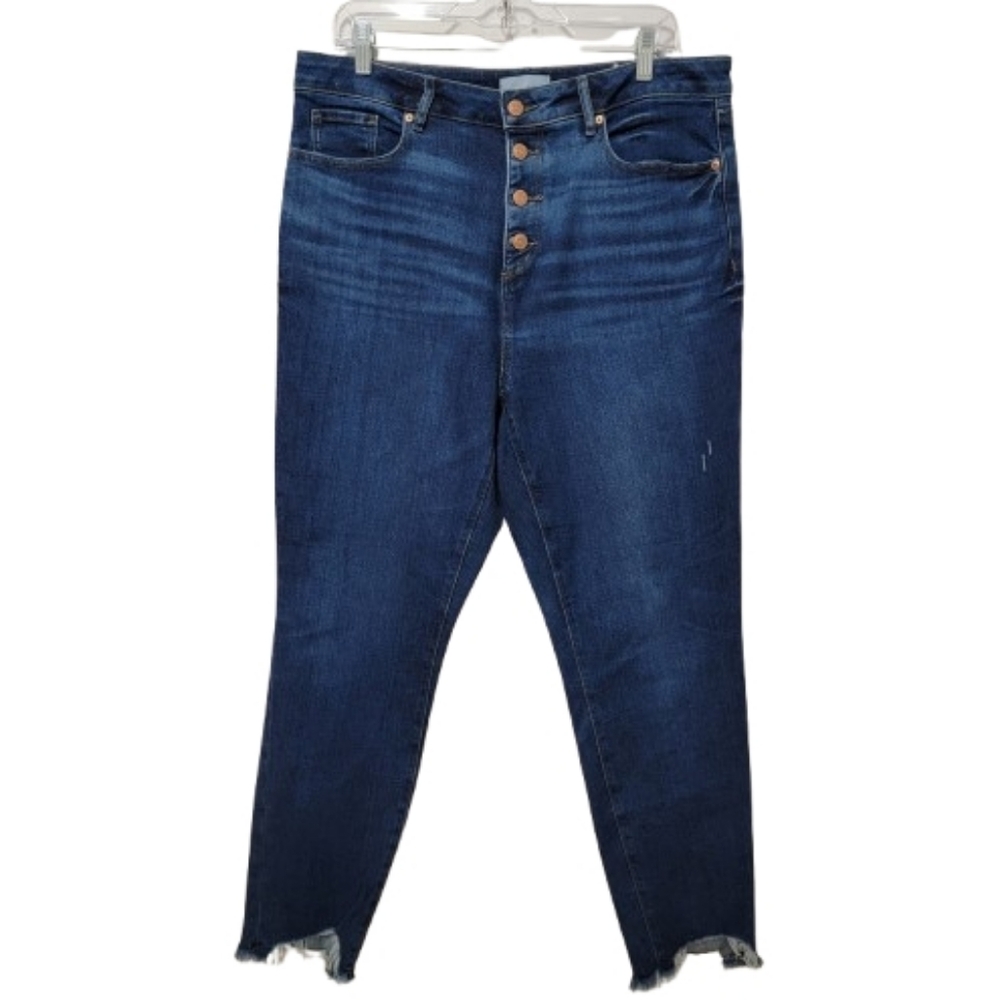Loft | Curvy High Rise Button Front Chewed Hem Skinny Jeans Dark Wash 32/14 NWT
